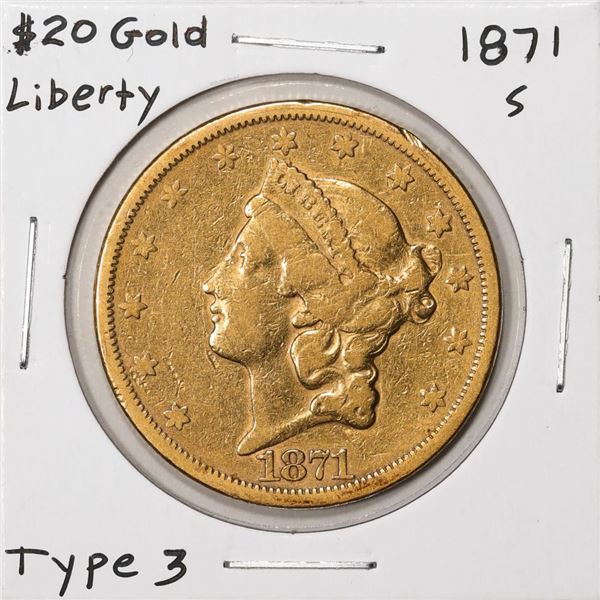 1871-S Type 3 $20 Liberty Head Double Eagle Gold Coin