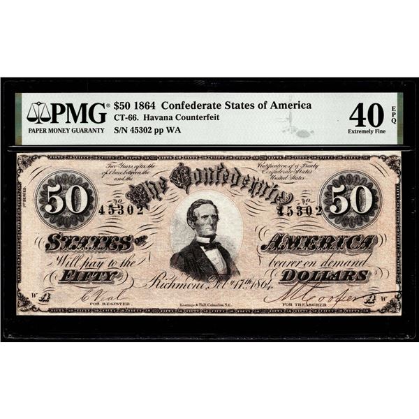 1864 $50 Confederate States Havana Counterfeit Note CT-66 PMG Extremely Fine 40EPQ