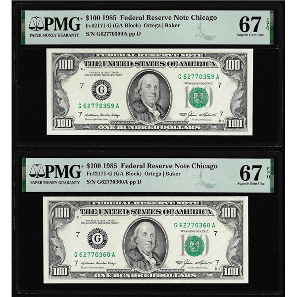 (2) Consecutive 1985 $100 Federal Reserve Notes Fr.2171-G PMG Superb Gem Unc 67EPQ