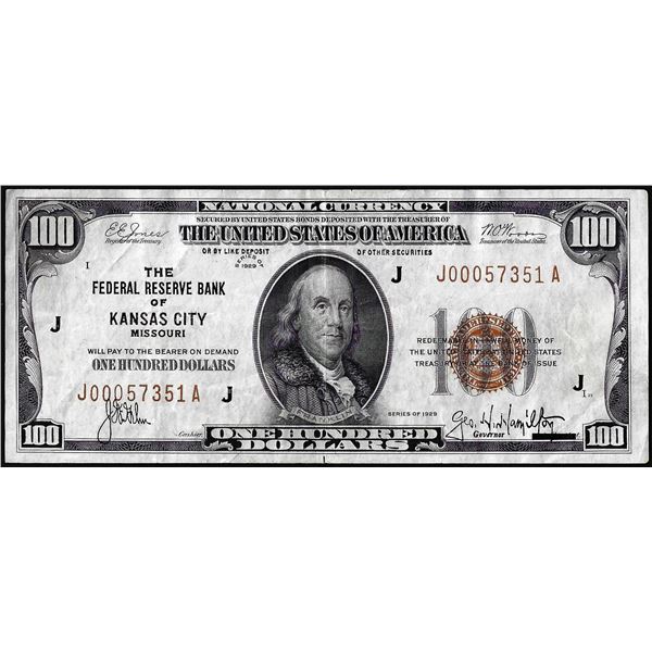 1929 $100 Federal Reserve Bank Note Kansas City