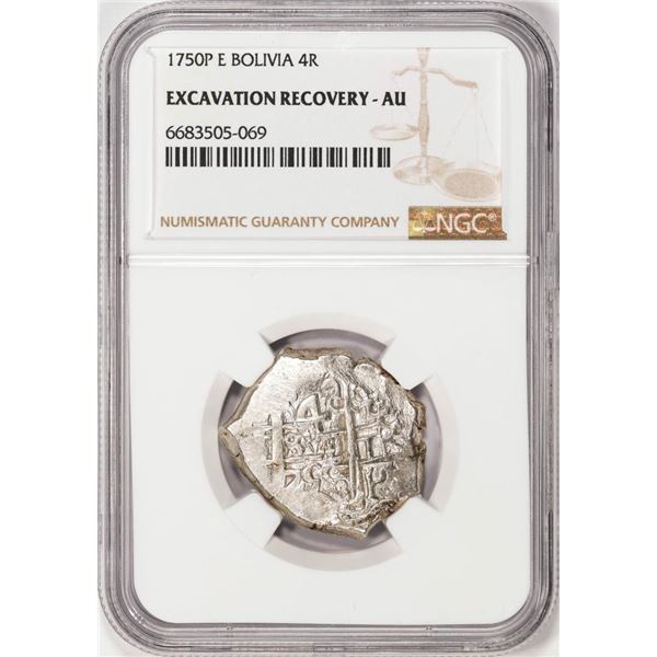 Shipwreck 1750P E Bolivia 4 Reales Silver Coin NGC AU Excavation Recovery