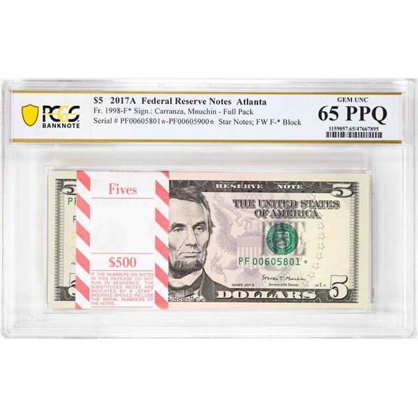 Pack 2017A $5 Federal Reserve STAR Notes ATL Fr.1998-F* PCGS Gem Uncirculated 65PPQ