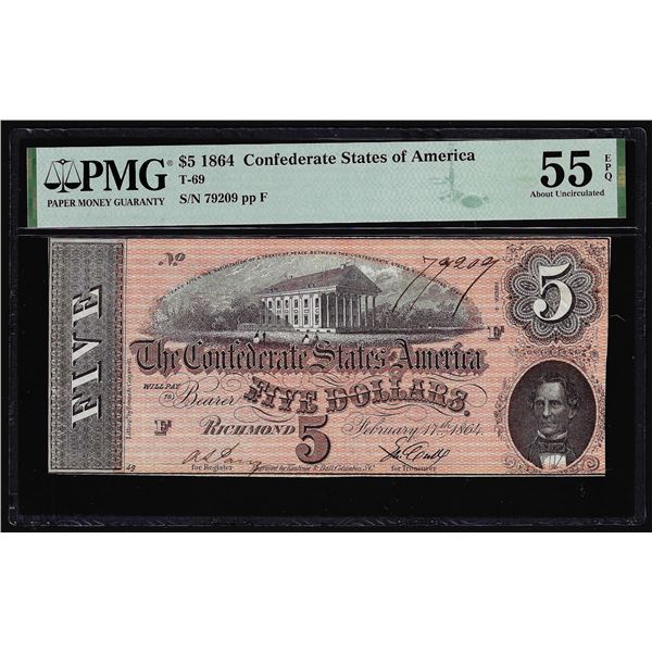 1864 $5 Confederate States of America Note T-69 PMG About Uncirculated 55EPQ