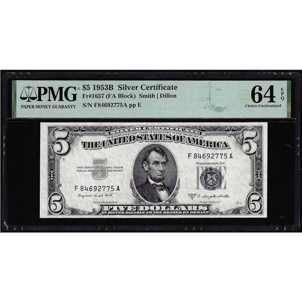 1953B $5 Silver Certificate Note Fr.1657 PMG Choice Uncirculated 64EPQ