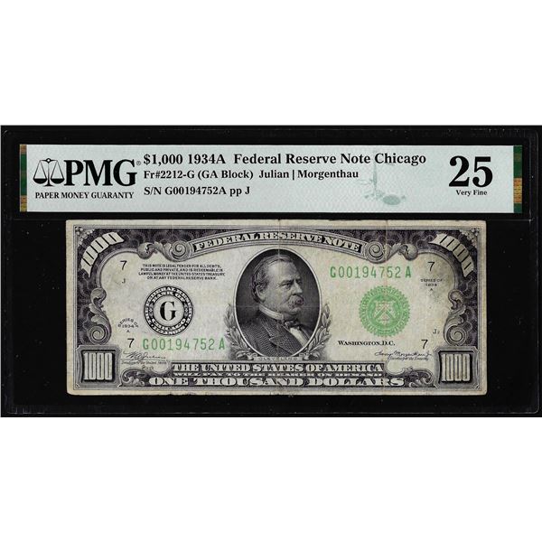 1934A $1,000 Federal Reserve Note Chicago Fr.2212-G PMG Very Fine 25