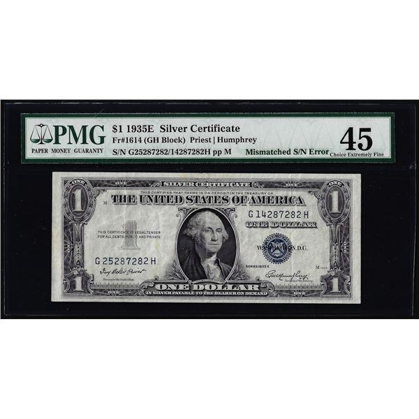 1935E $1 Silver Certificate Note Mismatched Serial Number Error Fr.1614 PMG Choice XF45