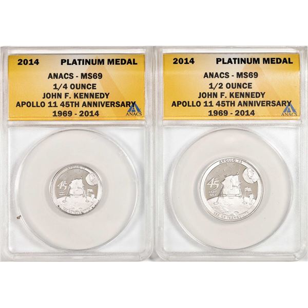 Set of 2014 Proof 1/4 oz & 1/2 oz Platinum JFK Apollo 11 Anniversary Medal ANACS MS69