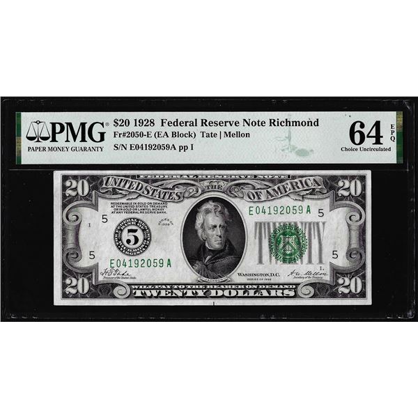 1928 $20 Federal Reserve Note Richmond Fr.2050-E PMG Choice Uncirculated 64EPQ