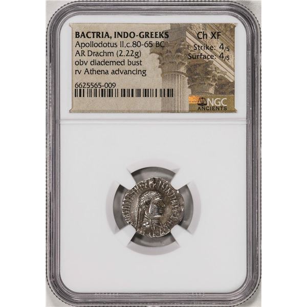 80-65 BC Bactria, Indo-Greeks Apollodotus II AR Drachm Ancient Coin NGC Ch XF