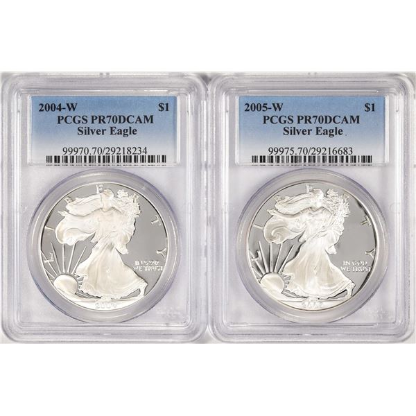 Lot of 2004-W & 2005-W $1 Proof American Silver Eagle Coins PCGS PR70DCAM