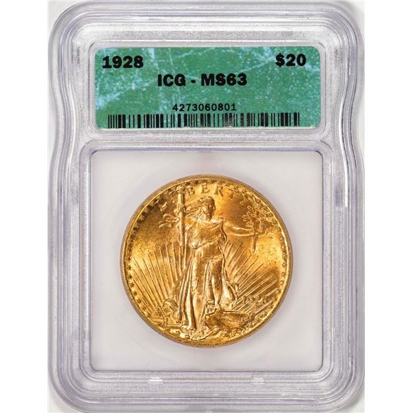 1928 $20 St. Gaudens Double Eagle Gold Coin ICG MS63