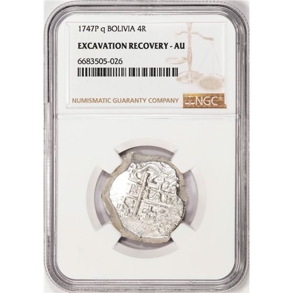 Shipwreck 1747P q Bolivia 4 Reales Silver Coin NGC AU Excavation Recovery