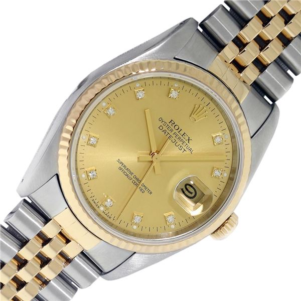 Rolex Mens Two Tone Factory VVS Champagne Diamond Datejust Wristwatch