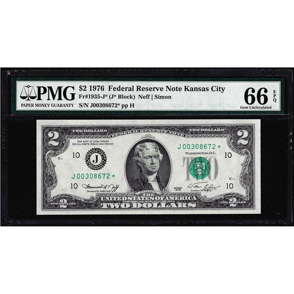 1976 $2 Federal Reserve Star Note Kansas City Fr.1935-J*PMG Gem Uncirculated 66EPQ