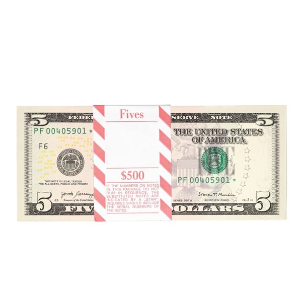 Pack of (100) Consecutive 2017A $5 Federal Reserve STAR Notes Atlanta