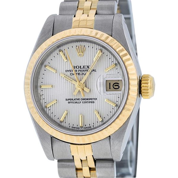 Rolex Ladies Two Tone Silver Index Tapestry Datejust Wristwatch