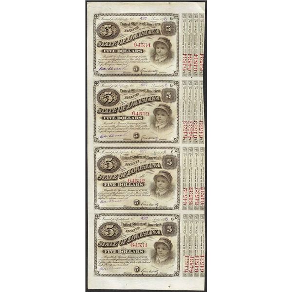 Uncut Sheet of (4) State of Louisiana Baby Bond Obsolete Notes