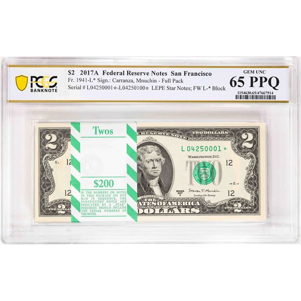 Pack 2017A $2 Federal Reserve STAR Notes SF Fr.1941-L* PCGS Gem Uncirculated 65PPQ