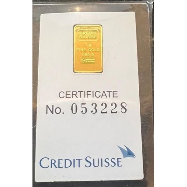 1 gram .9999 Pure Gold Bar Credit Suisse VALCAMBI S.A.