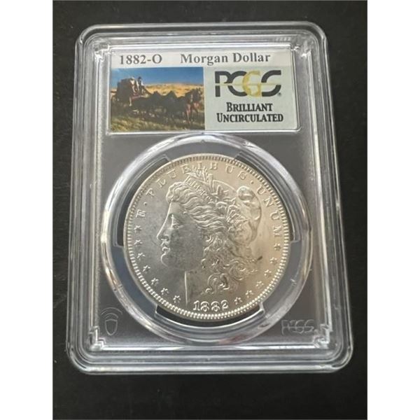 1882-O Morgan Silver Dollar - Rare Stage Coach Label (PCGS Brilliant Uncirculated)