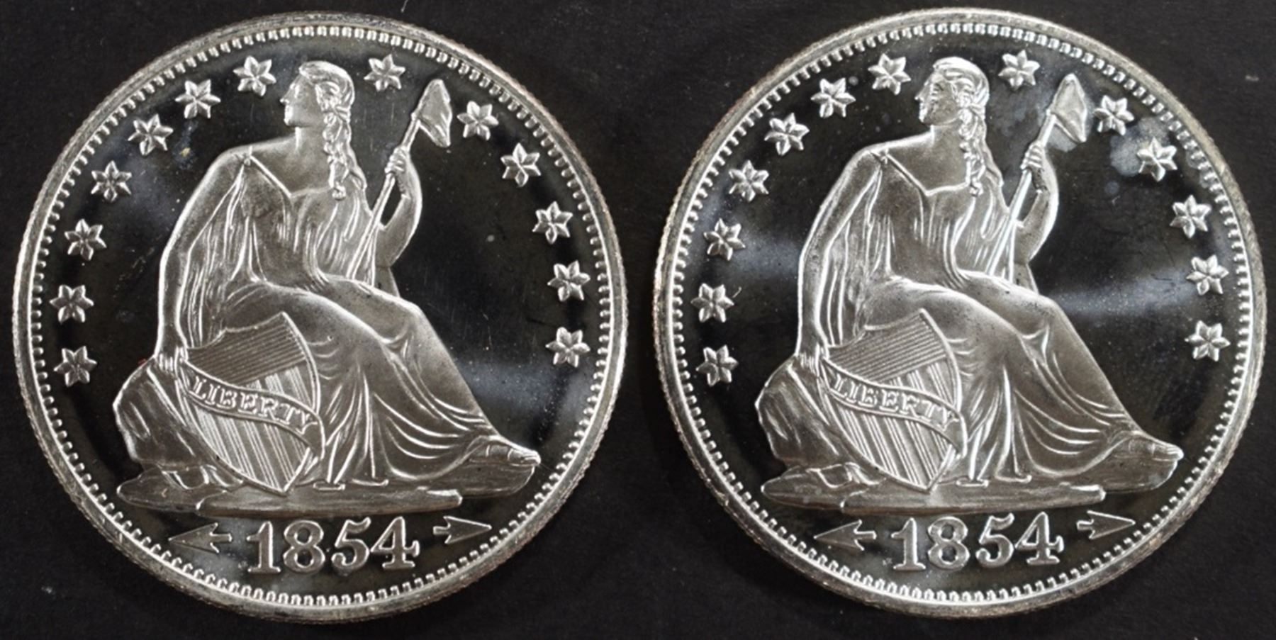 (2) 1 OZ .999 SILVER 1854 SEATED LIB DESIGN ROUNDS