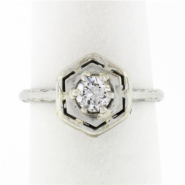 Antique Art Deco 18k White Gold 0.36 ctw Round Diamond Solitaire Open Hexagon Ri