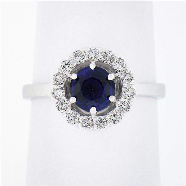 18k White Gold 1.55 ctw Round Blue Sapphire Solitaire & Diamond Halo Cluster Rin