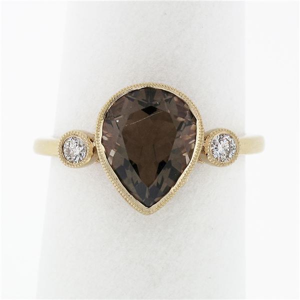 18K Rose Gold 3.36 ctw Pear Smoky Topaz Solitaire Diamond Accents Open Work Ring
