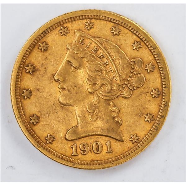 1901-S $5 Liberty Head Half Eagle Gold Coin VF