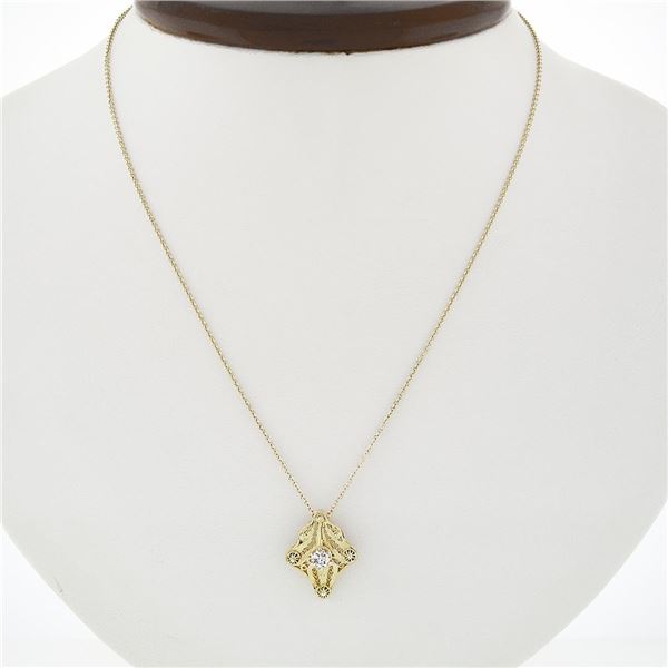 Antique Art Deco 14K Yellow Gold Diamond Open Filigree Milgrain Pendant Necklace