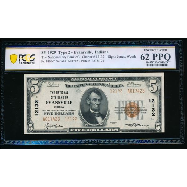 1929 $5 Evansville IN National PCGS 62PPQ