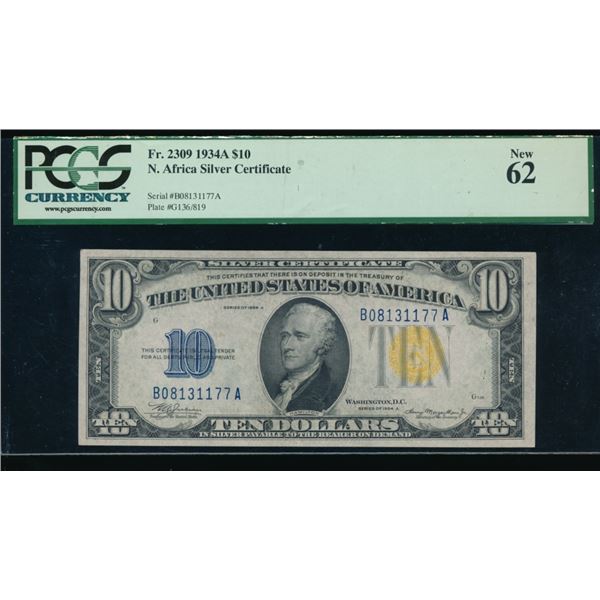 1934A $10 N Africa Silver Certificate PCGS 62