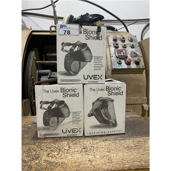 3  "NEW" UVEX BIONIC FACE SHIELDS AND 1 RESPIRATOR