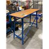 Image 2 : BLUE METAL WORK TABLE WITH WOOD TOP -APPROX. 4FT ACROSS X 3FT HIGH X 1 1/2FT WIDE