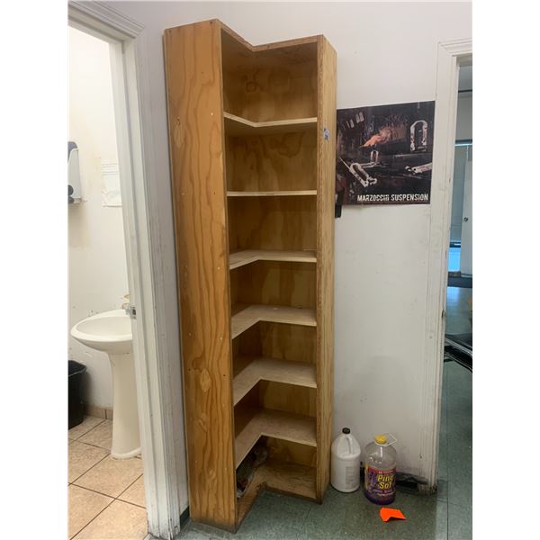 WOODEN CORNER SHELF, MICROWAVE STAND, 4 CHAIRS AND SMALL COMPUTER DESK