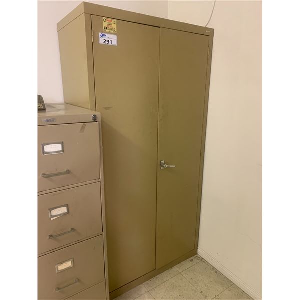 COLE 2 DOOR BEIGE METAL OFFICE CABINET WITH CONTENTS-APPROX. 3FT ACROSS X 6FT HIGH X 2 1/2FT DEEP