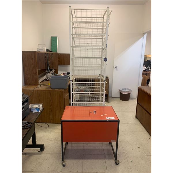 MOBILE FILING CABINET AND WHITE WIRE BASKET STORAGE RACK