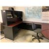 Image 2 : CHERRYWOOD FINISH WITH BLACK U - SHAPED OFFICE DESK WITH ASSORTED ITEMS