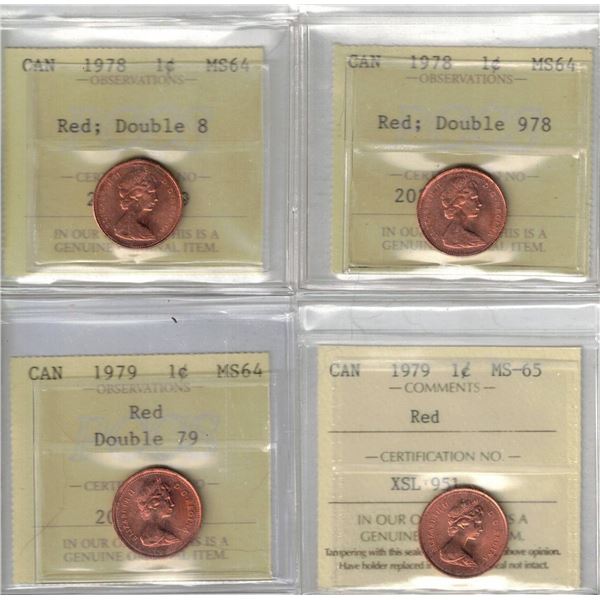PCCS, Small Cent 1978 Double 8 MS64, 1978 Double 978 MS64, 1979 Double 79 MS64, ICCS 1979 MS65, 4Pcs