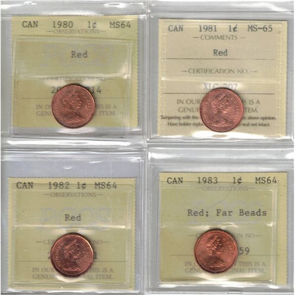 All Small Cent; Red: 1980 MS64, ICCS 1981 MS65, 1982 MS64, 1983 MS64 Far Beads, 4pcs