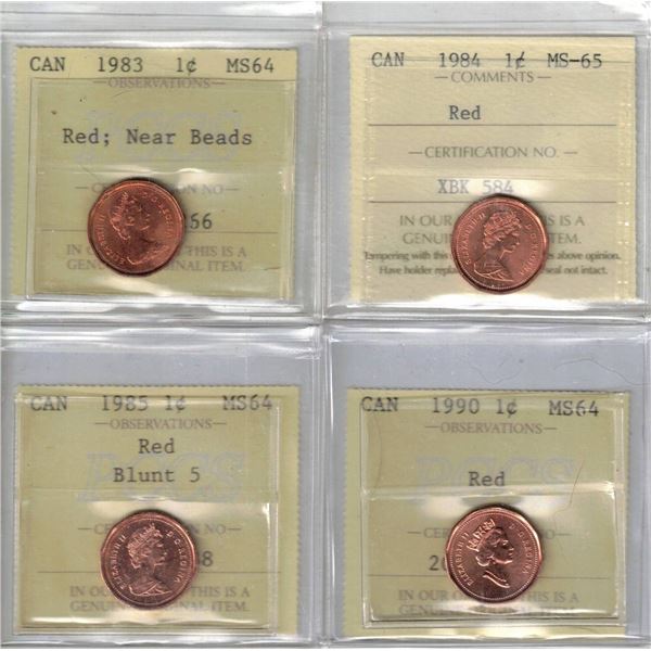 All Small Cent; Red: 1983 Near Beads MS64, ICCS 1984 MS65, 1985 Blt 5 MS64, 1990 MS64, 4pcs
