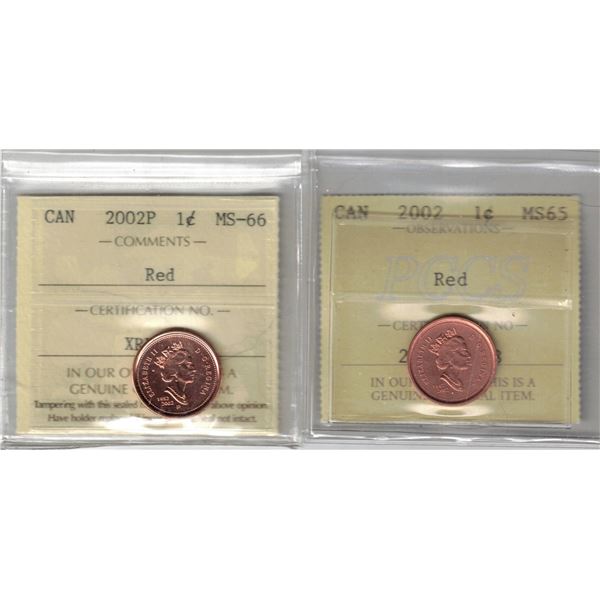 2002P Small Cent Red ICCS MS66, 2002 Small Cent Red PCCS MS65, 2pcs