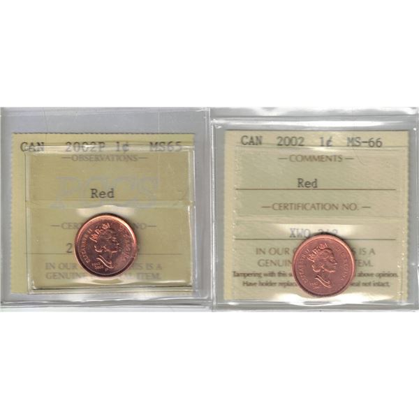 2002P Small Cent Red PCCS MS65, 2002 Small Cent Red ICCS MS66, 2pcs