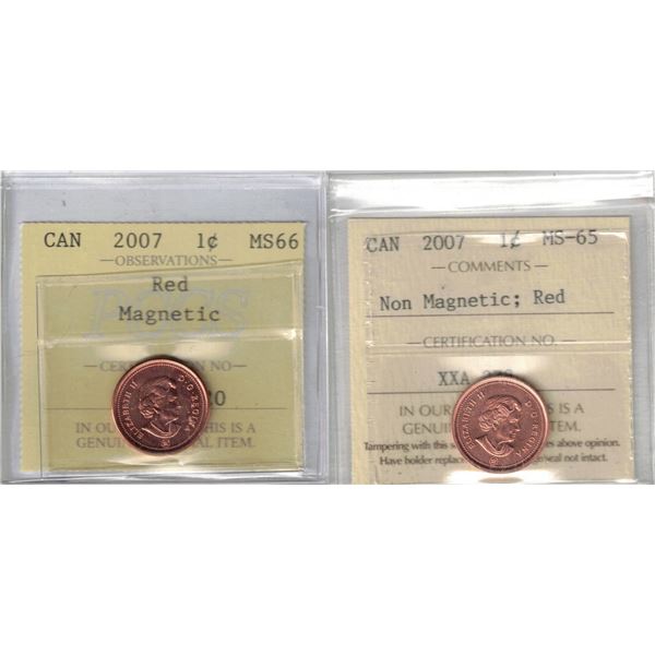 Pair of 2007 Small cent Red: Magnetic PCCS MS66, 2007 Small cent Red: Non Magnetic ICCS MS65 2pcs