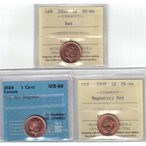 All Small Cent; Red: ICCS 2008 MS66, ICCS 2009 Magnetic MS66, CCCS 2009 Non Magnetic MS66, 3pcs