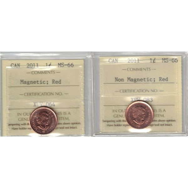 Both Small Cent; Red: ICCS 2011 MS66, Magnetic & Non Magnetic, 3pcs