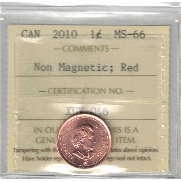 Canada Small Cent; Red, 2010 Non Magnetic ICCS MS66