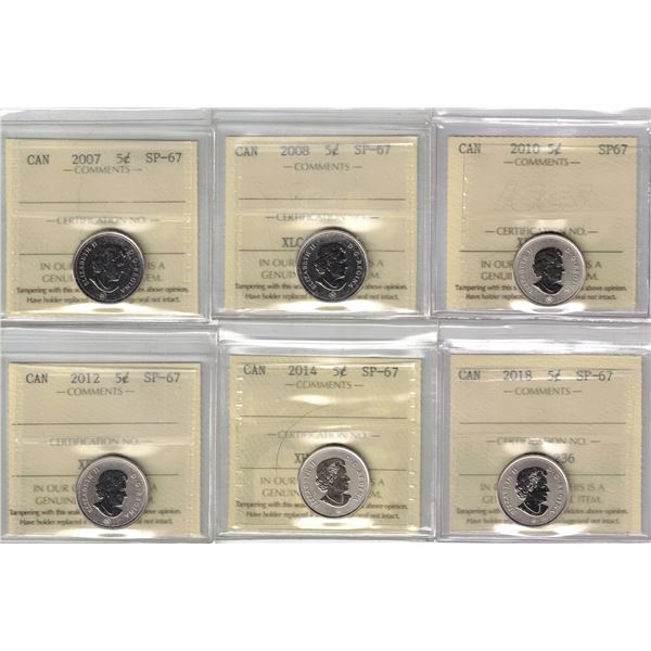 5¢ Specimen ICCS Certified Lot 2007, 2008, 2010, 2012, 2014, 2018 all SP-67, 6 Pcs