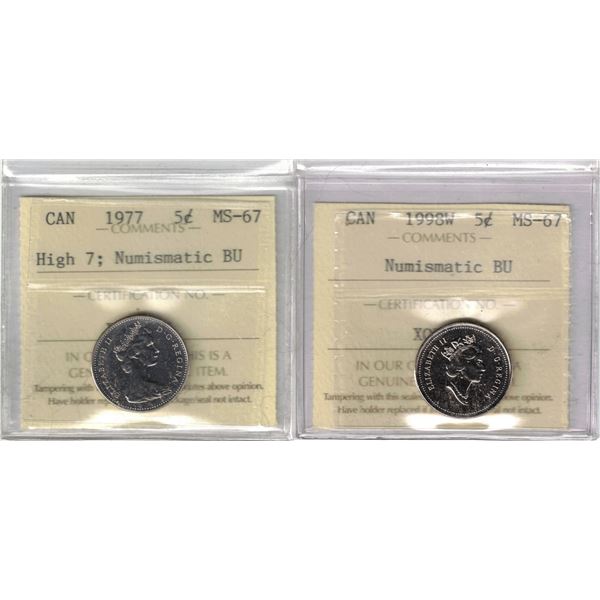 Lot of 2 ICCS Certified 5¢ Coins MS-67 NBU, 1977 & 1998W