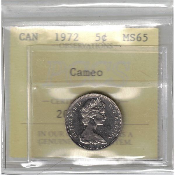 1972 Canada 5¢ Cameo; PCCS MS65 (Professional Coin Certification System)